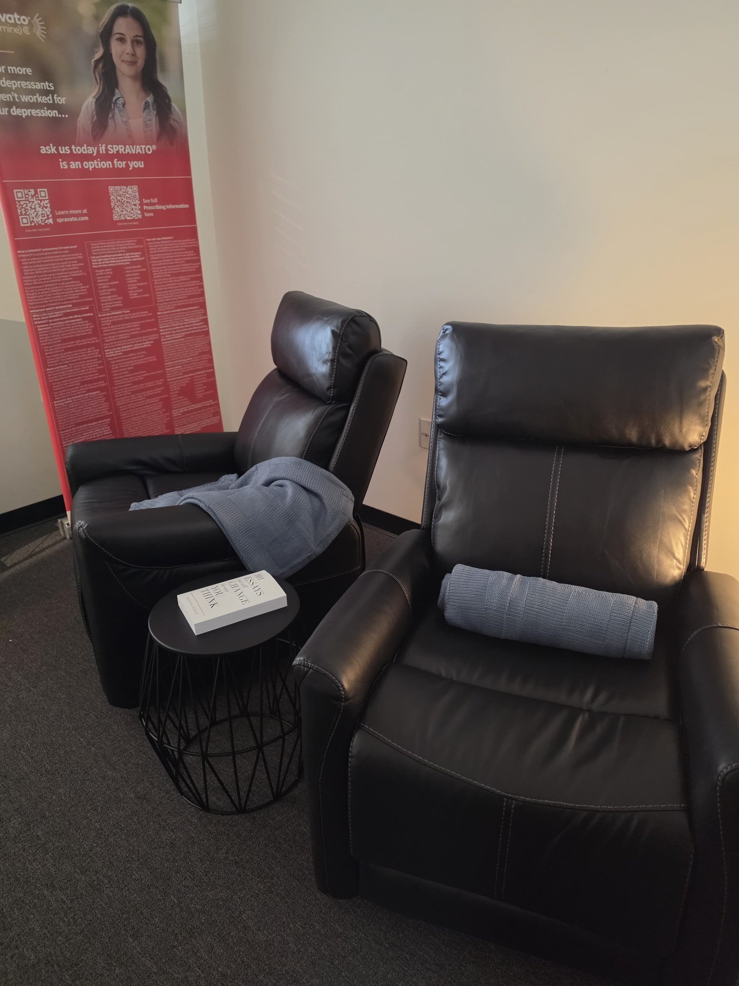 Comfortable Spravato treatment suite with recliners and calming setup